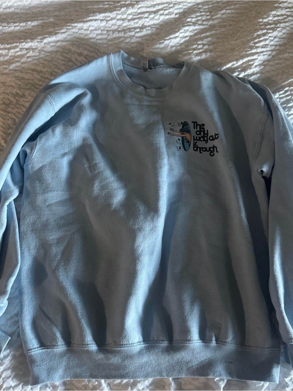 The Only Way Out Is Through Sweater - Awake Happy Blue Medium Pullover Crewneck